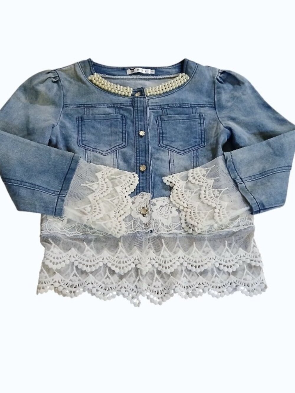 WTY Blue Jean Jacket with Faux Pearls and Lace/Crochet Cuffs & Hem - EUC - Picture 9 of 12